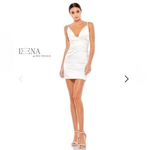 Mac Duggal Ieena Plunge Draped Satin Midi Dress Sz 8 White Chic Elegant